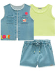 Trio de Regata em Canelado Colete e Shorts em Jeans 99311 Infanti Infantil Menina