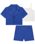 Trio de Regata em Canelado Maui e Blazer Boxy com Shorts em Alfaiataria 76111 Infanti