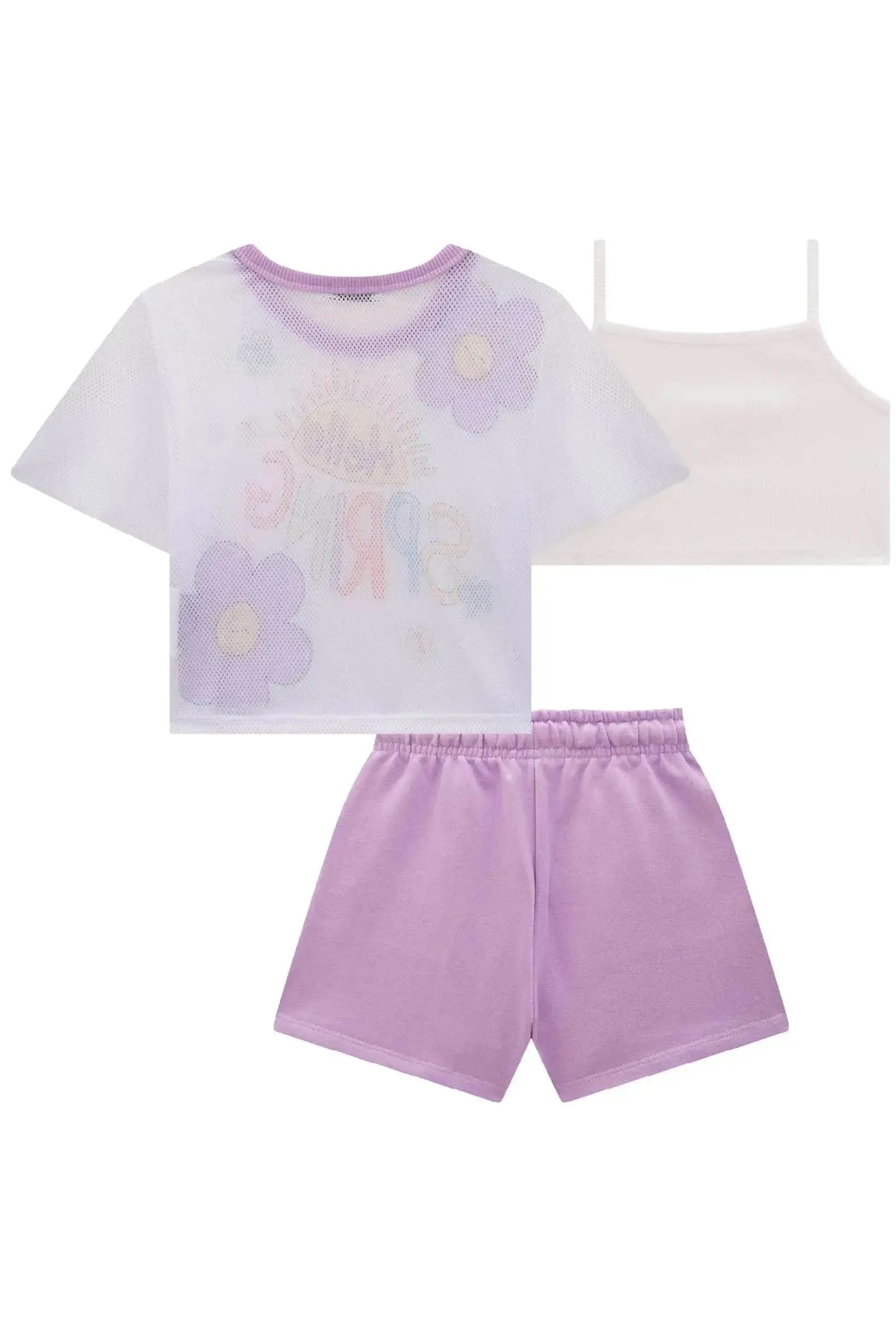 Trio de Top em Canelado Blusa Boxy em Tela e Shorts em Moletom 83121 Infanti Infantil Menina