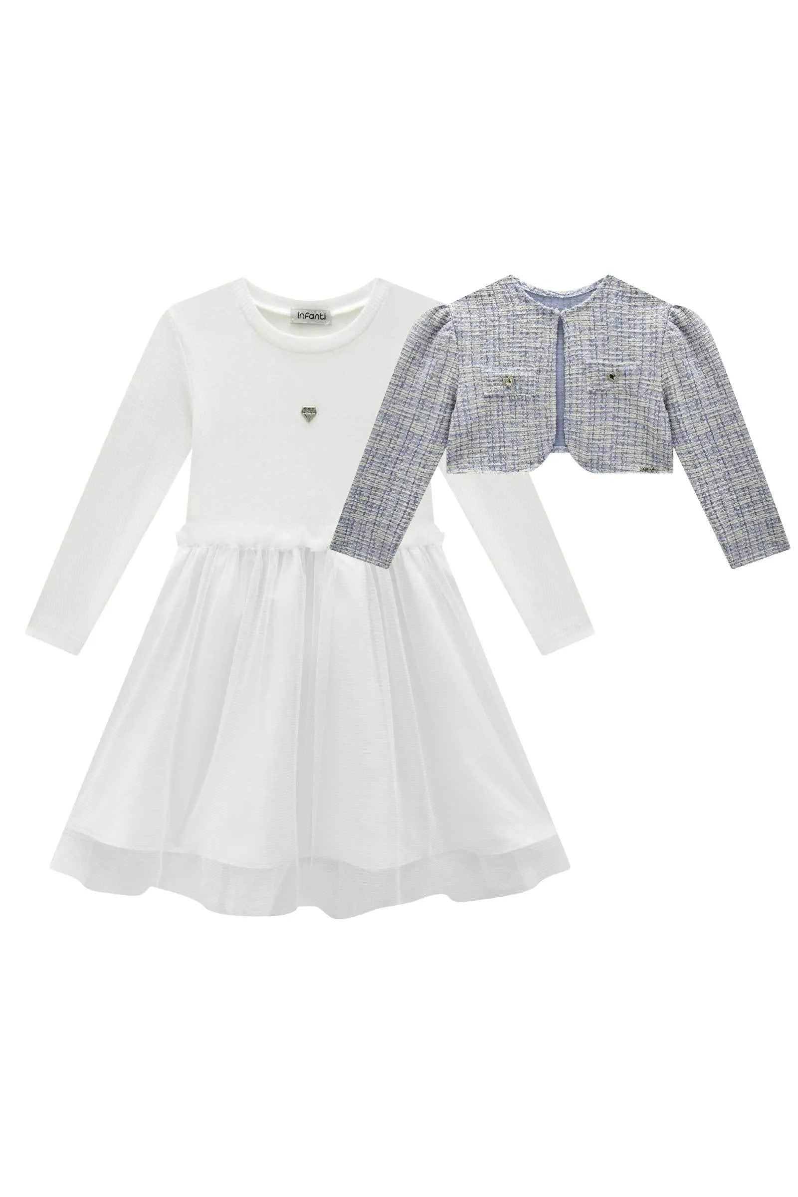 Vestido em Canelado Liz e Tule com Elastano com Bolero em Malha Tweed 90966 Infanti Infantil Menina