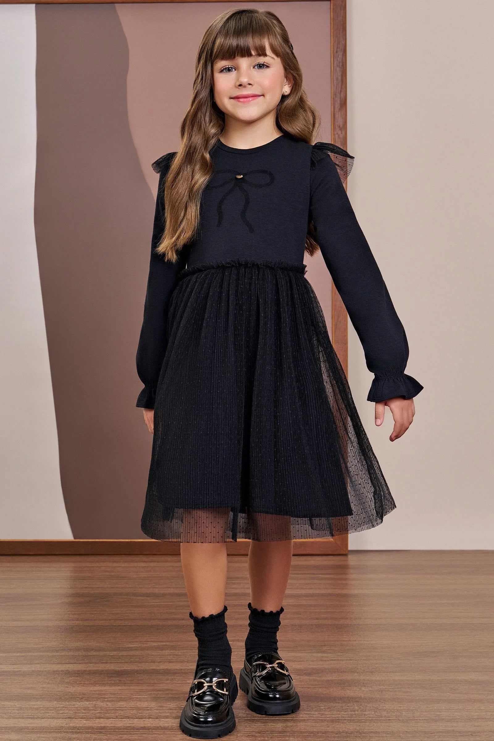 Vestido em Cotton e Tule Plissado Poá 90393 Infanti Infantil Menina