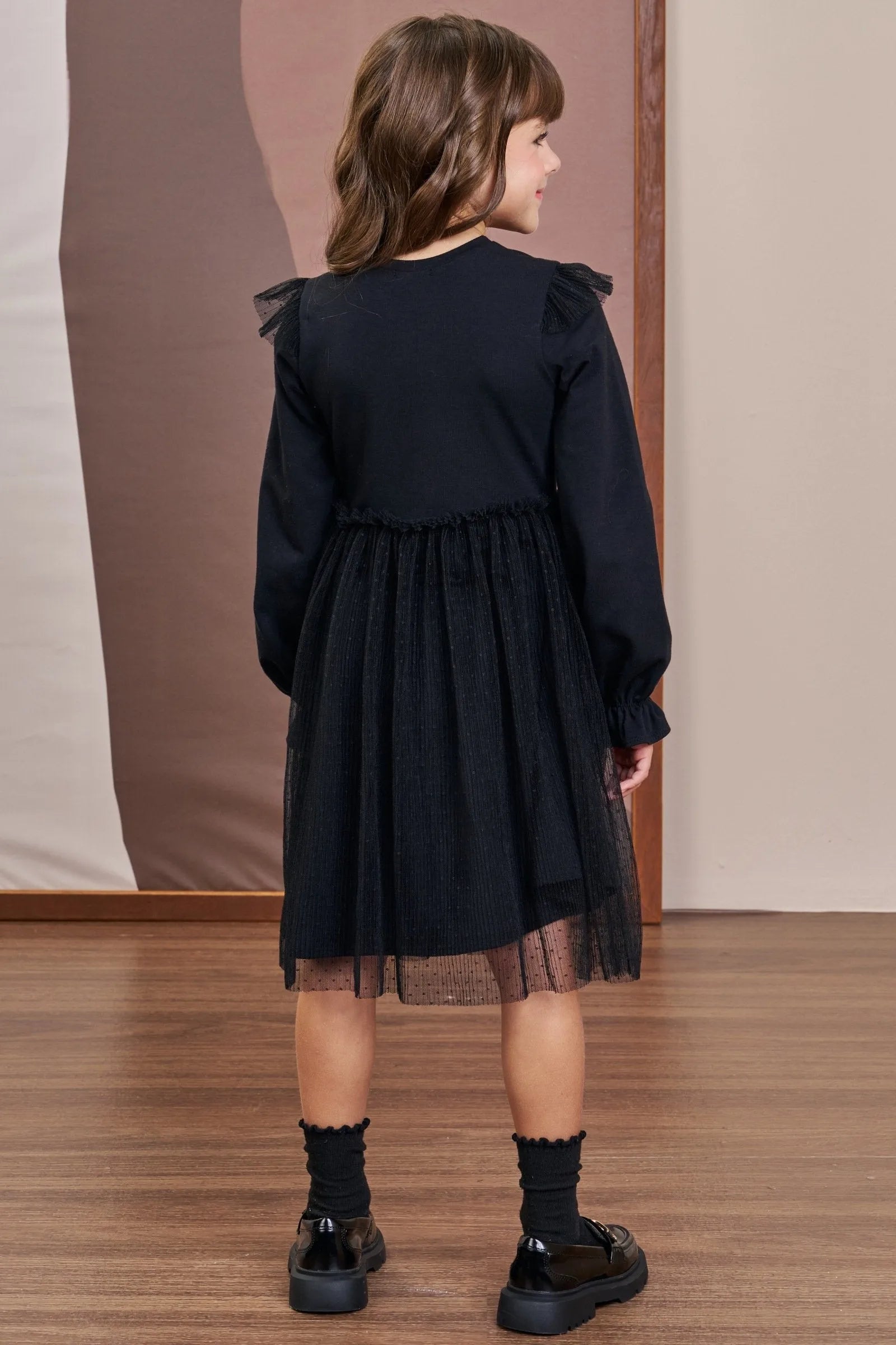 Vestido em Cotton e Tule Plissado Poá 90393 Infanti Infantil Menina