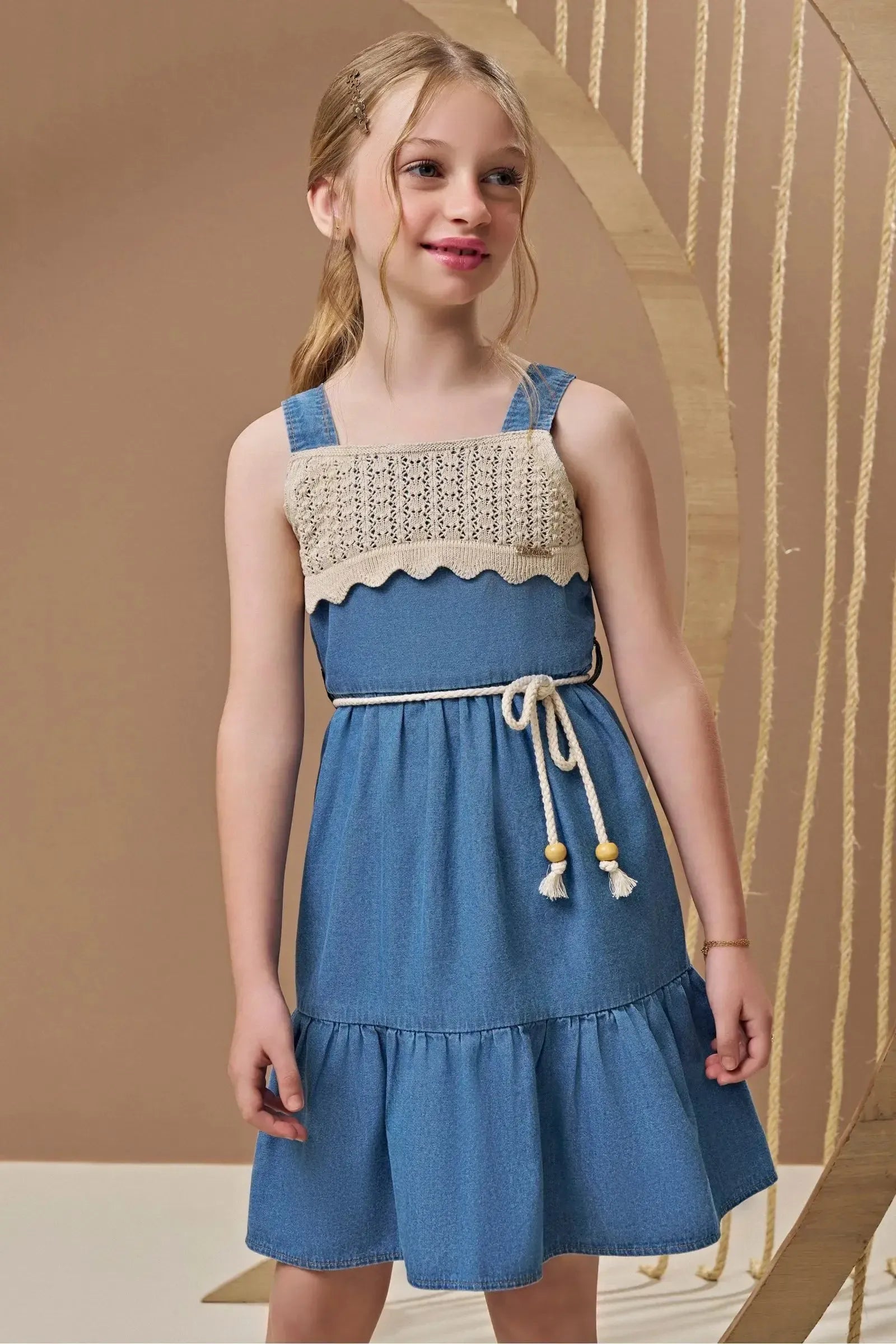Vestido em Jeans e Tricot Algodão 97012 Infanti Infantil Menina