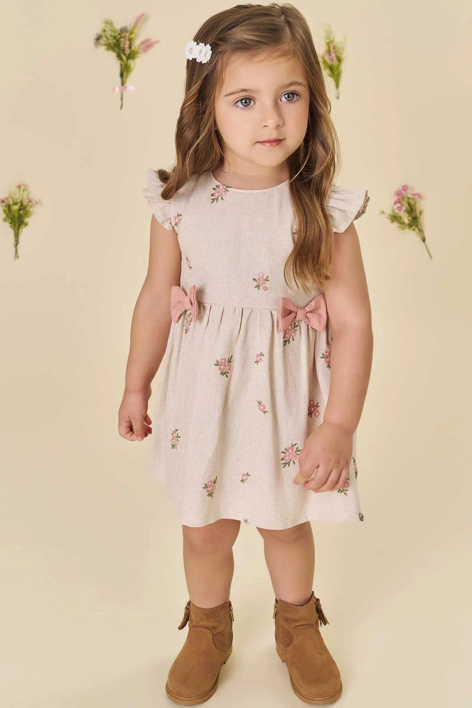 Vestido em Linho Bordado Flores 82313 Infanti