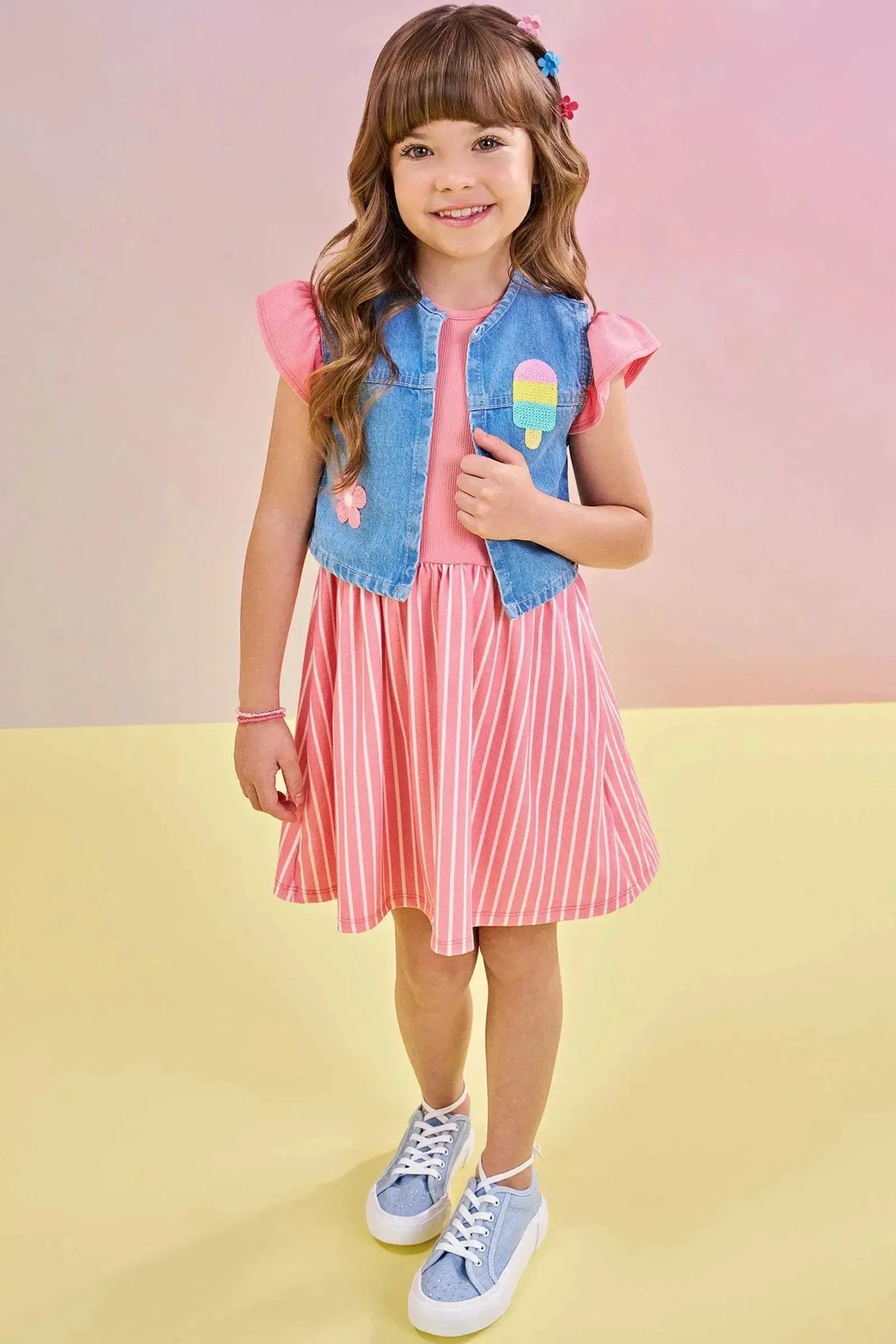 Vestido em Ribana Fancy e Malha Power e Colete em Jeans Arkansas 83528 Infanti Infantil Menina