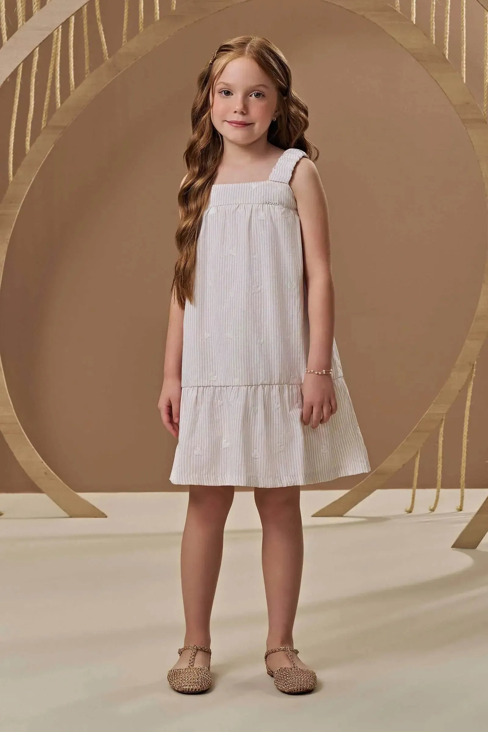 Vestido em Tecido Listrado Bordado 96668 Infanti Infantil Menina