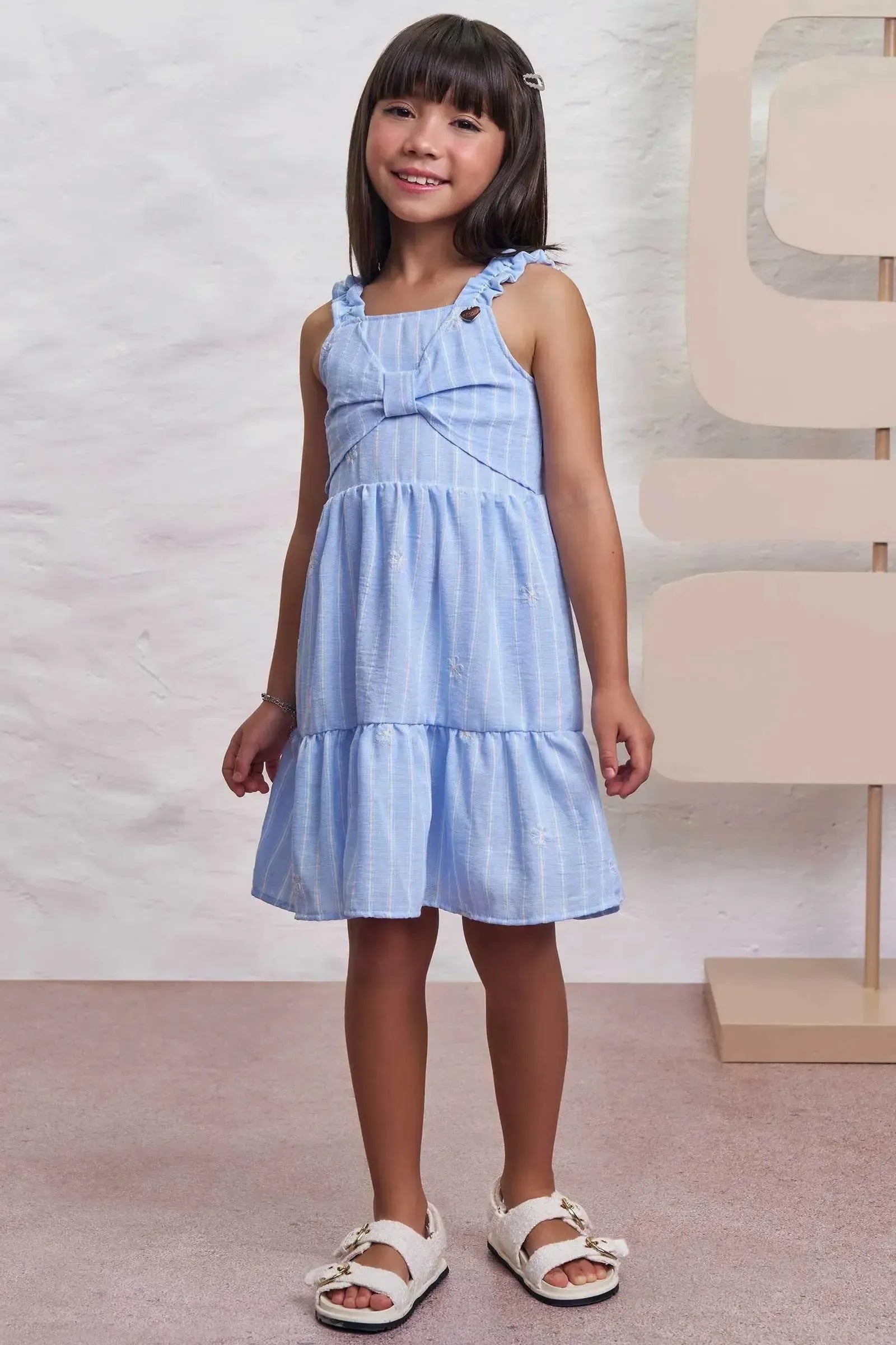 Vestido em Tecido Listrado Bordado 98367 Infanti Infantil Menina