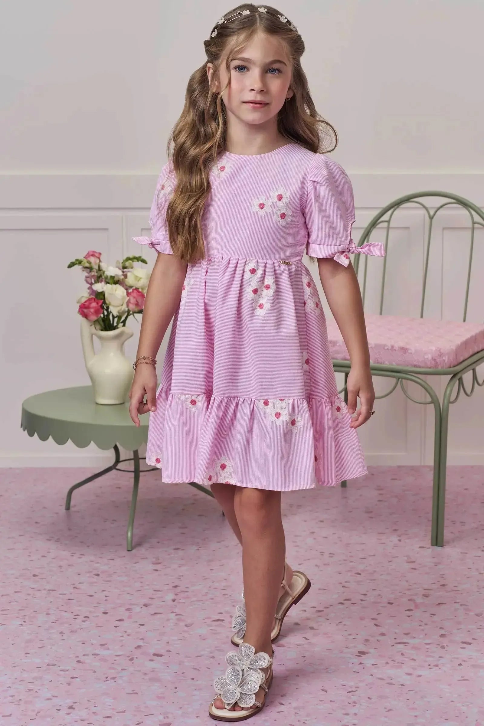Vestido em Tricoline Bordado Flores 98777 Infanti Infantil Menina