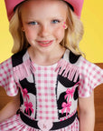 Vestido Junino Boiadeira em Fly Tech e Nylon Estampa de Vaquinha e Franjas com Strass 97819 Kukiê Infantil Menina