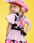 Vestido Junino Boiadeira em Fly Tech e Nylon Estampa de Vaquinha e Franjas com Strass 97819 Kukiê Infantil Menina