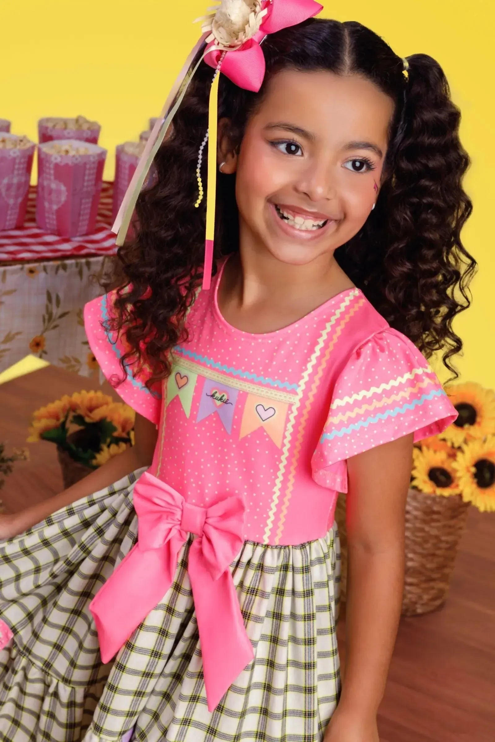 Vestido Junino Fashion em Malha Power e Tecido Xadrez 100% Algodão 97816 Kukiê Infantil Menina